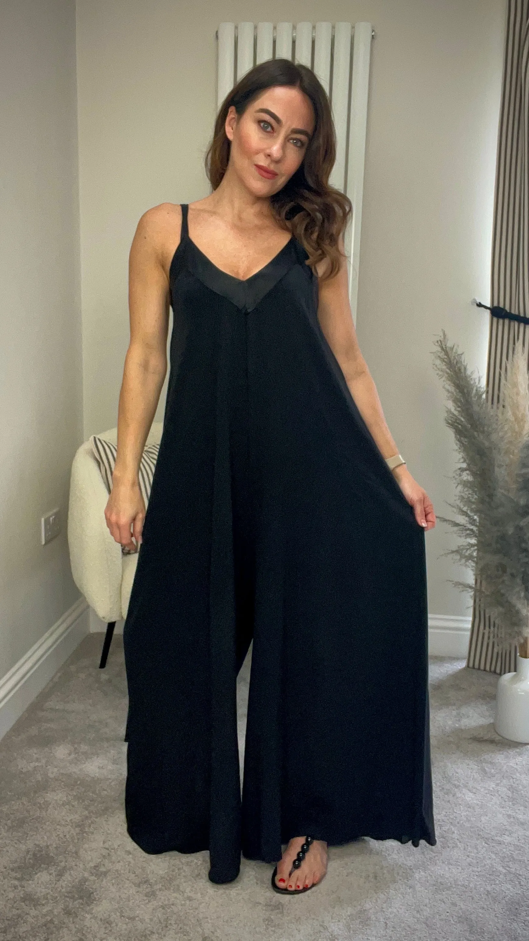 BLACK SATIN TRIM JUMPSUIT