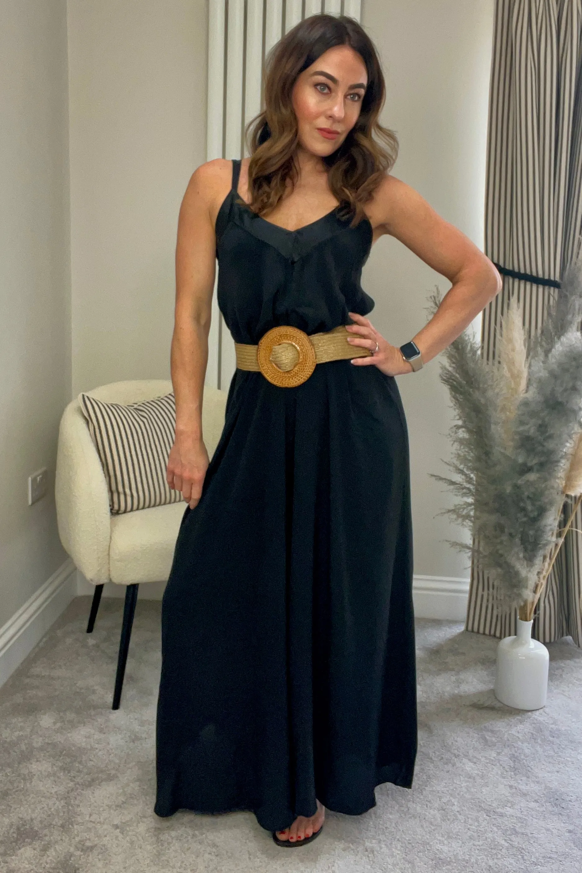 BLACK SATIN TRIM JUMPSUIT