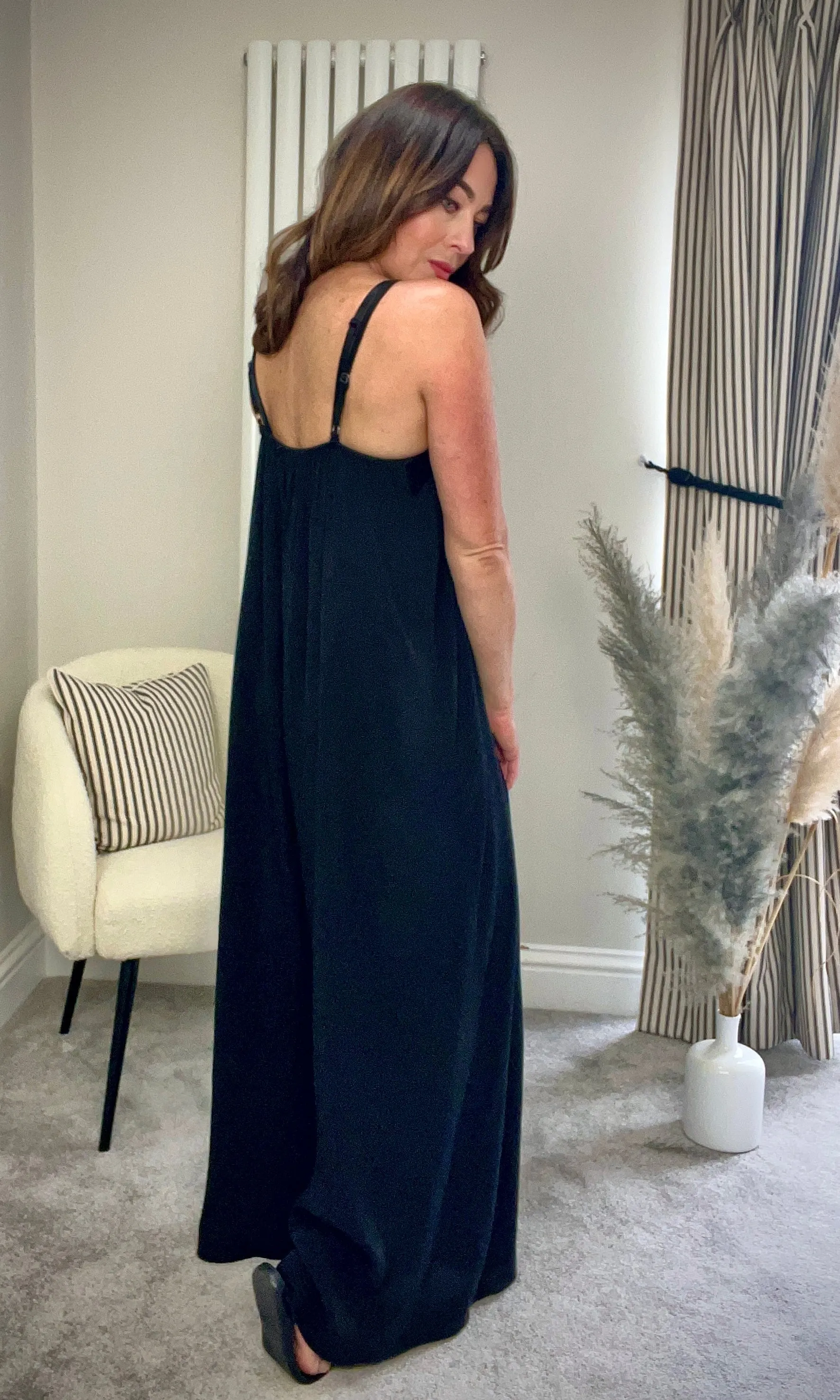 BLACK SATIN TRIM JUMPSUIT