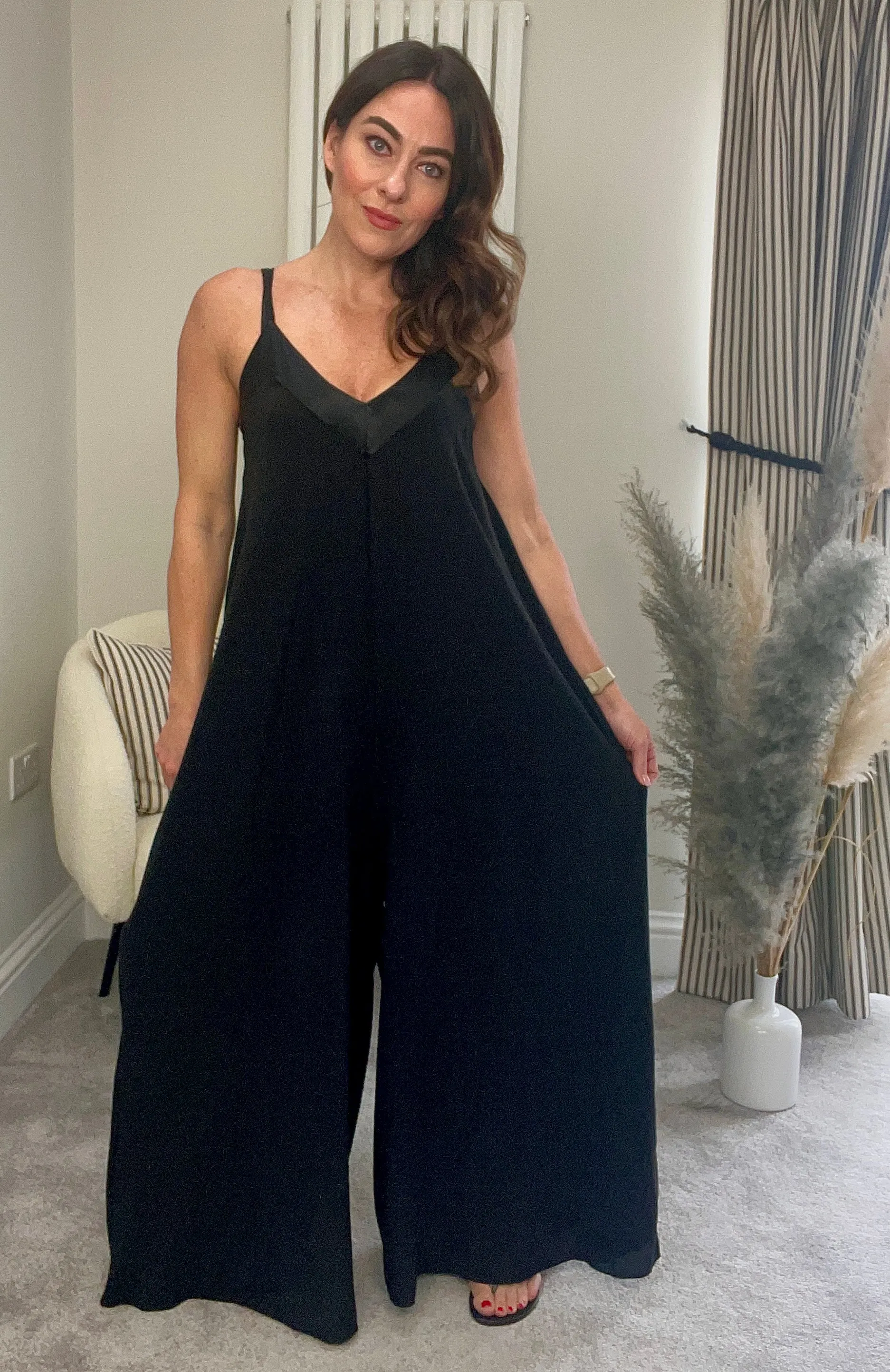BLACK SATIN TRIM JUMPSUIT