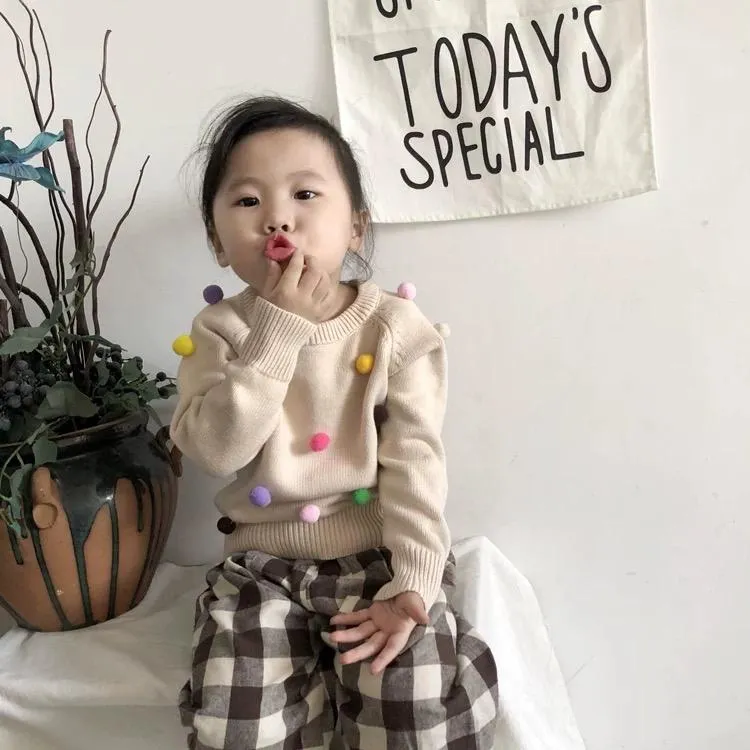 Cute Colorful Jumper Ball Trimmed Knitted Cotton Sweater Children Winter Clothes