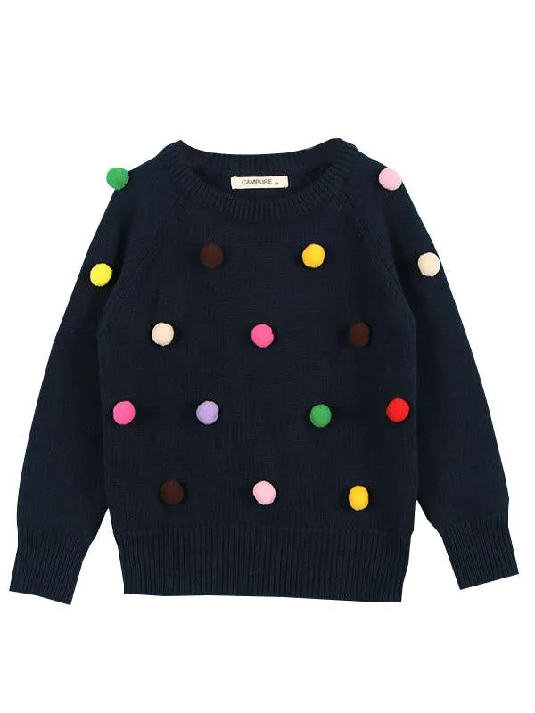 Cute Colorful Jumper Ball Trimmed Knitted Cotton Sweater Children Winter Clothes