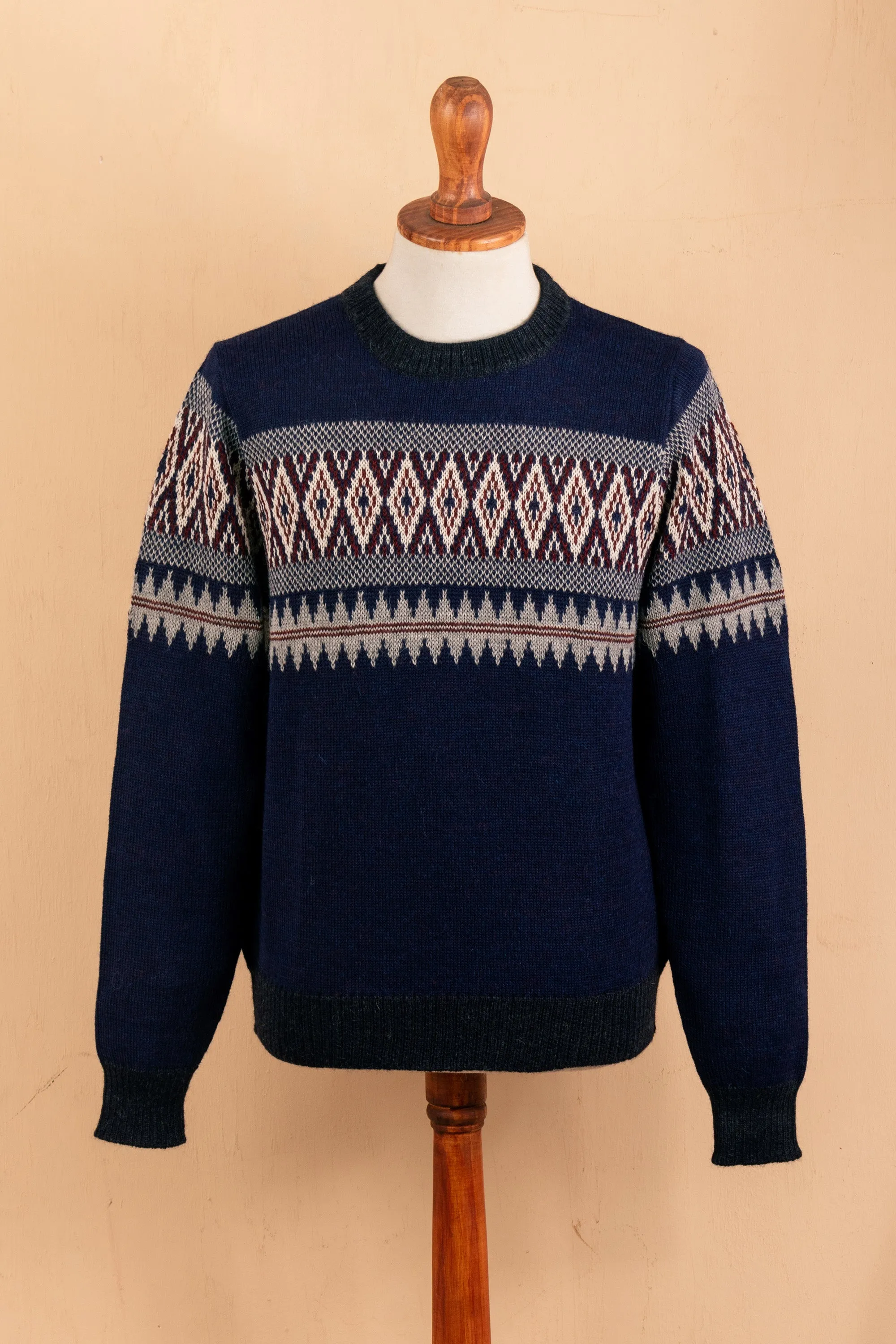 Men's 100% Alpaca Geometric-Patterned Blue Pullover Sweater - Sea Breeze | NOVICA