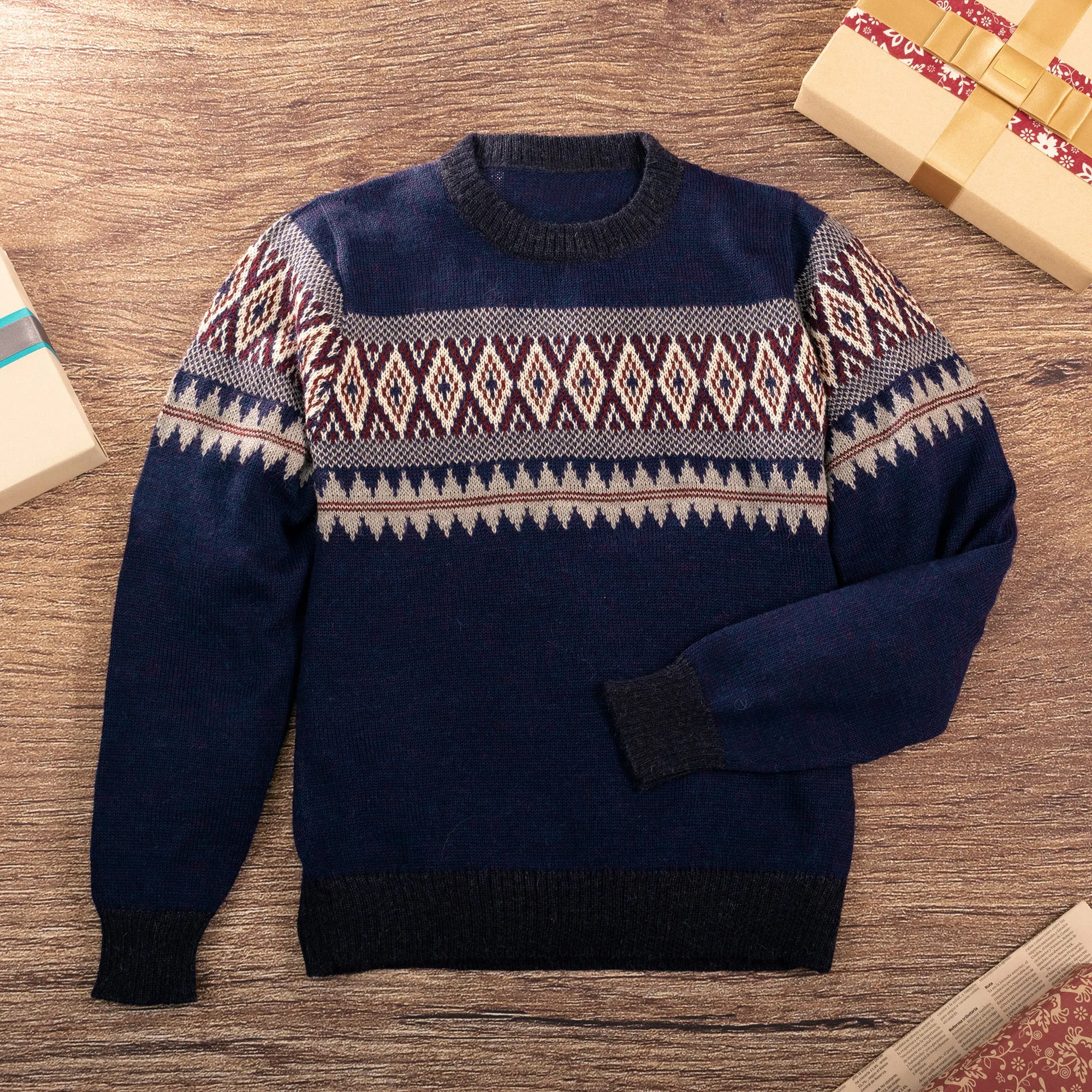 Men's 100% Alpaca Geometric-Patterned Blue Pullover Sweater - Sea Breeze | NOVICA