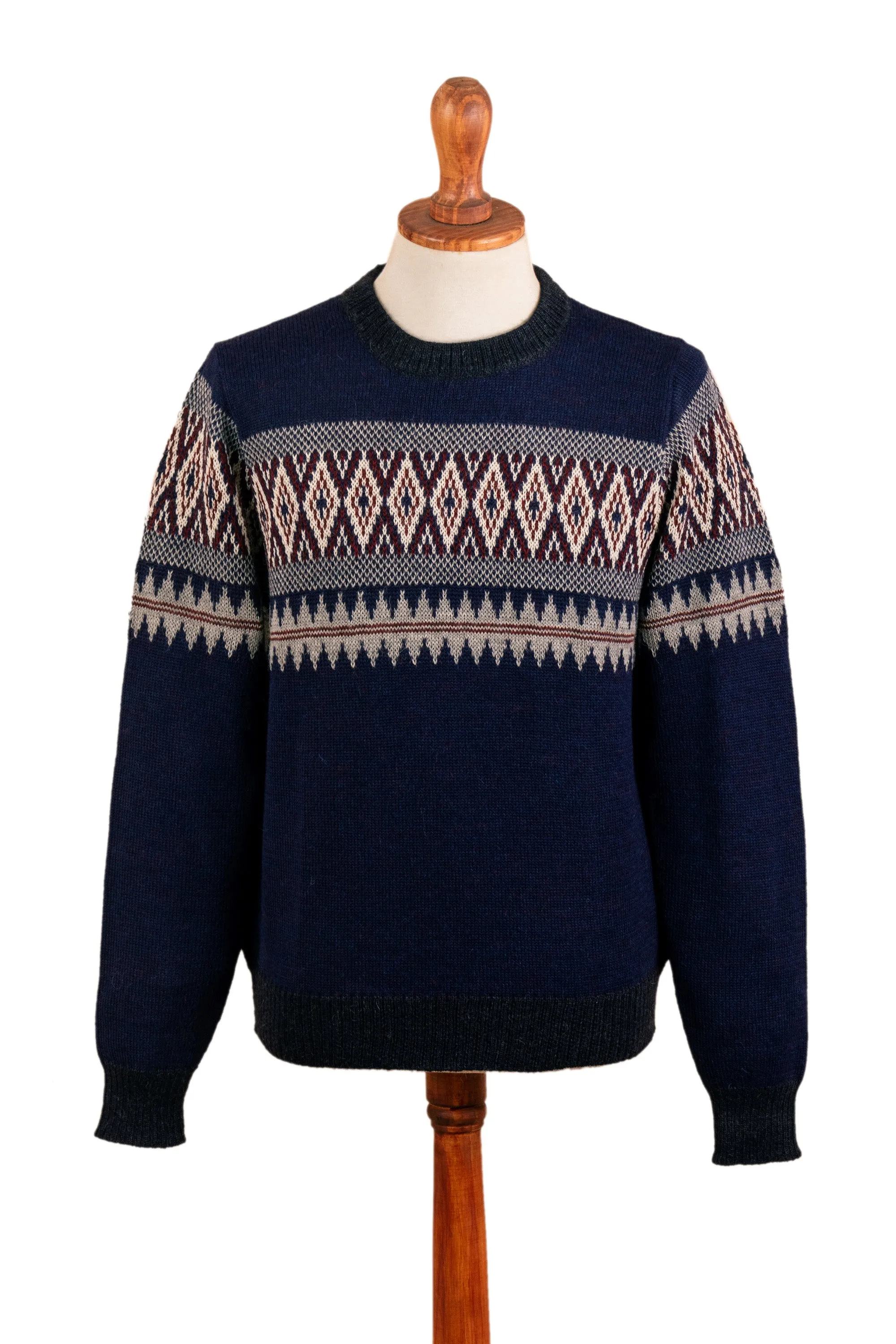 Men's 100% Alpaca Geometric-Patterned Blue Pullover Sweater - Sea Breeze | NOVICA