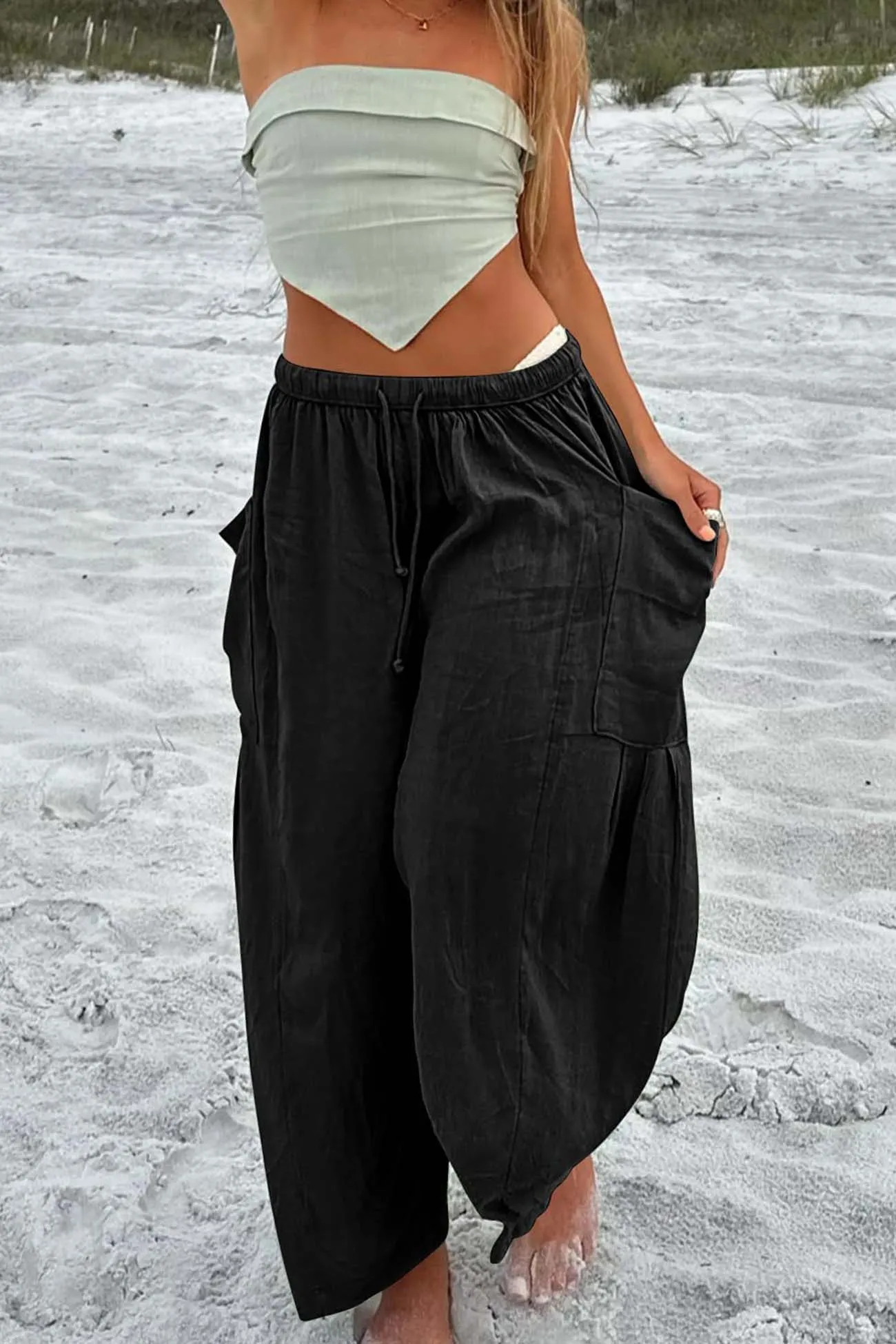 Solid Color Drawstring Pocket Wide Leg Pants