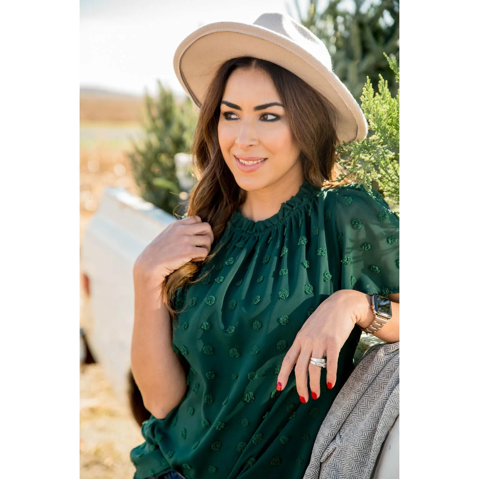 Swiss Dot Cinched Neck Blouse