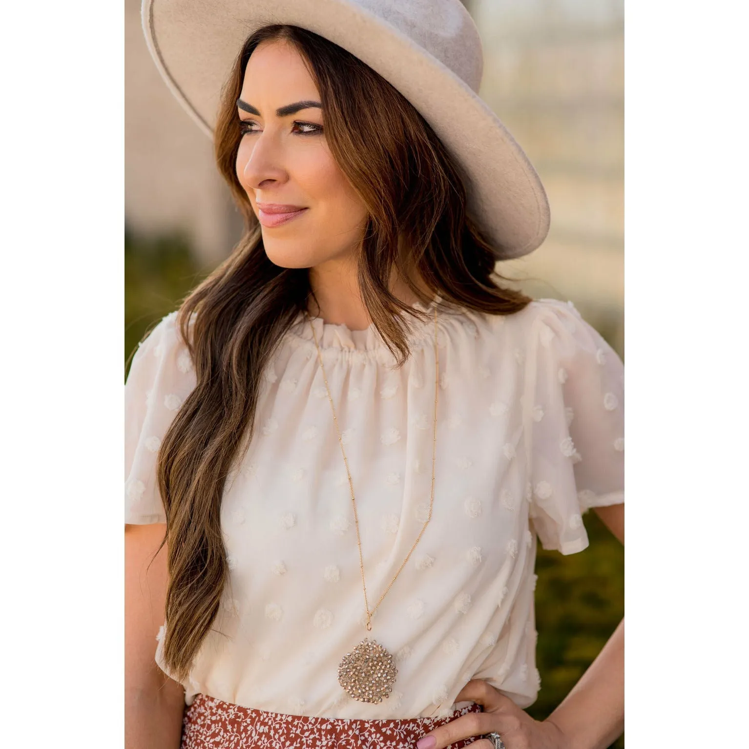 Swiss Dot Cinched Neck Blouse