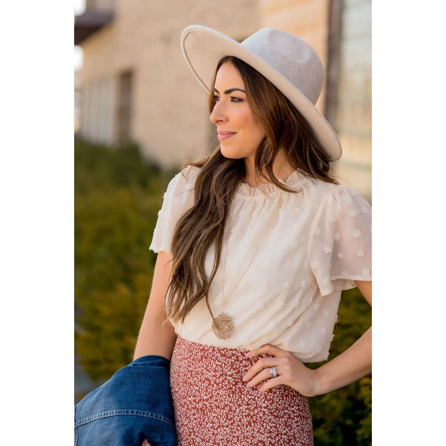Swiss Dot Cinched Neck Blouse