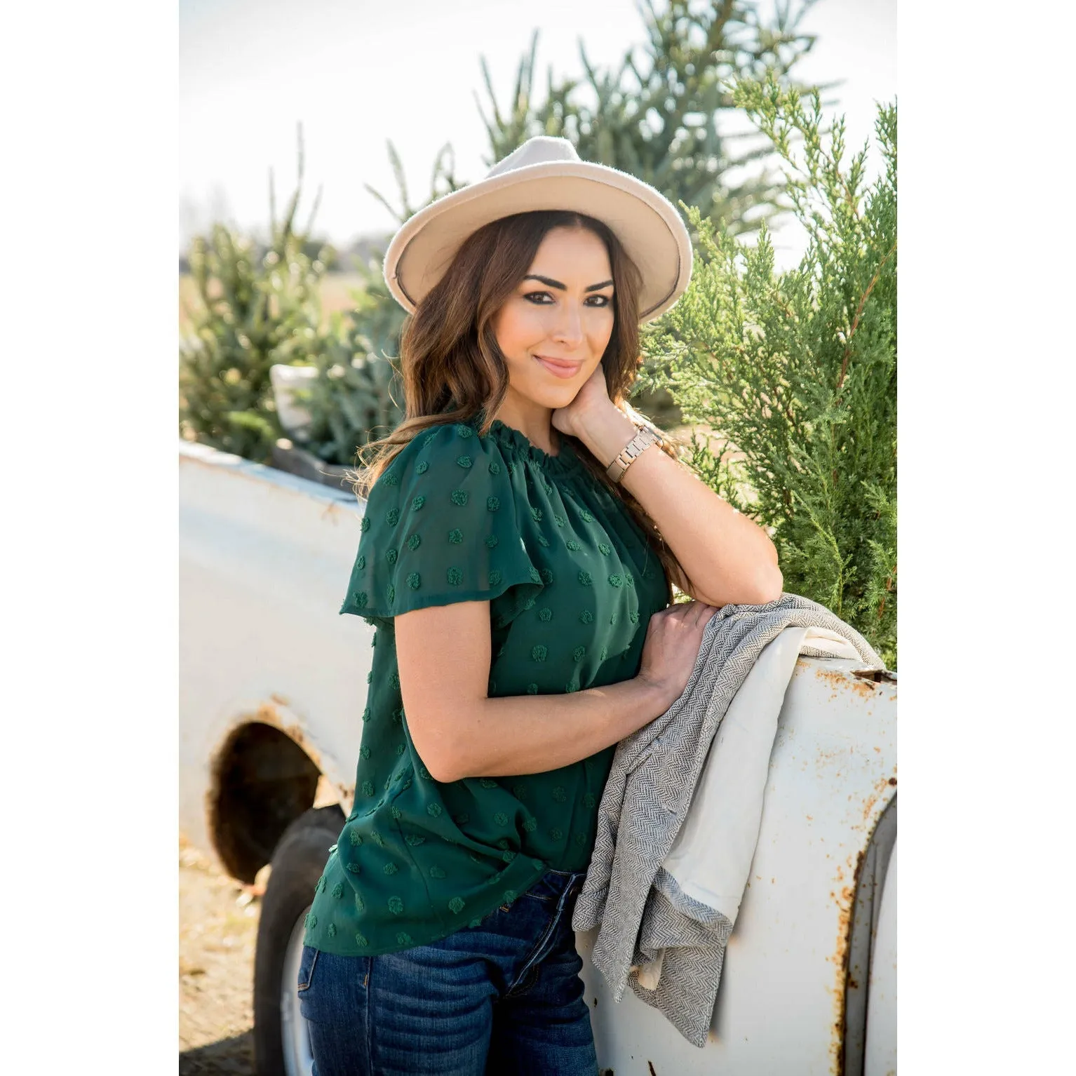 Swiss Dot Cinched Neck Blouse