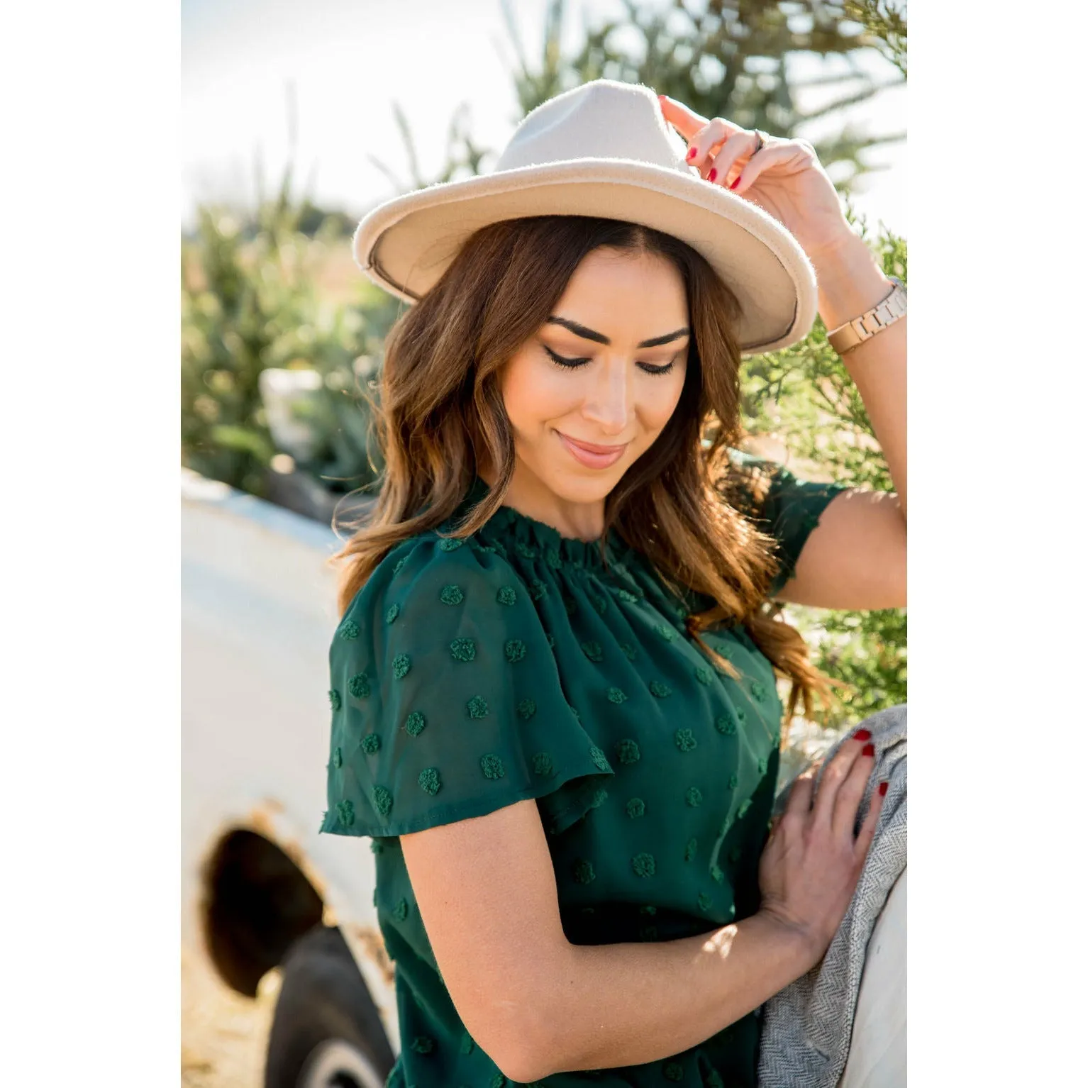 Swiss Dot Cinched Neck Blouse