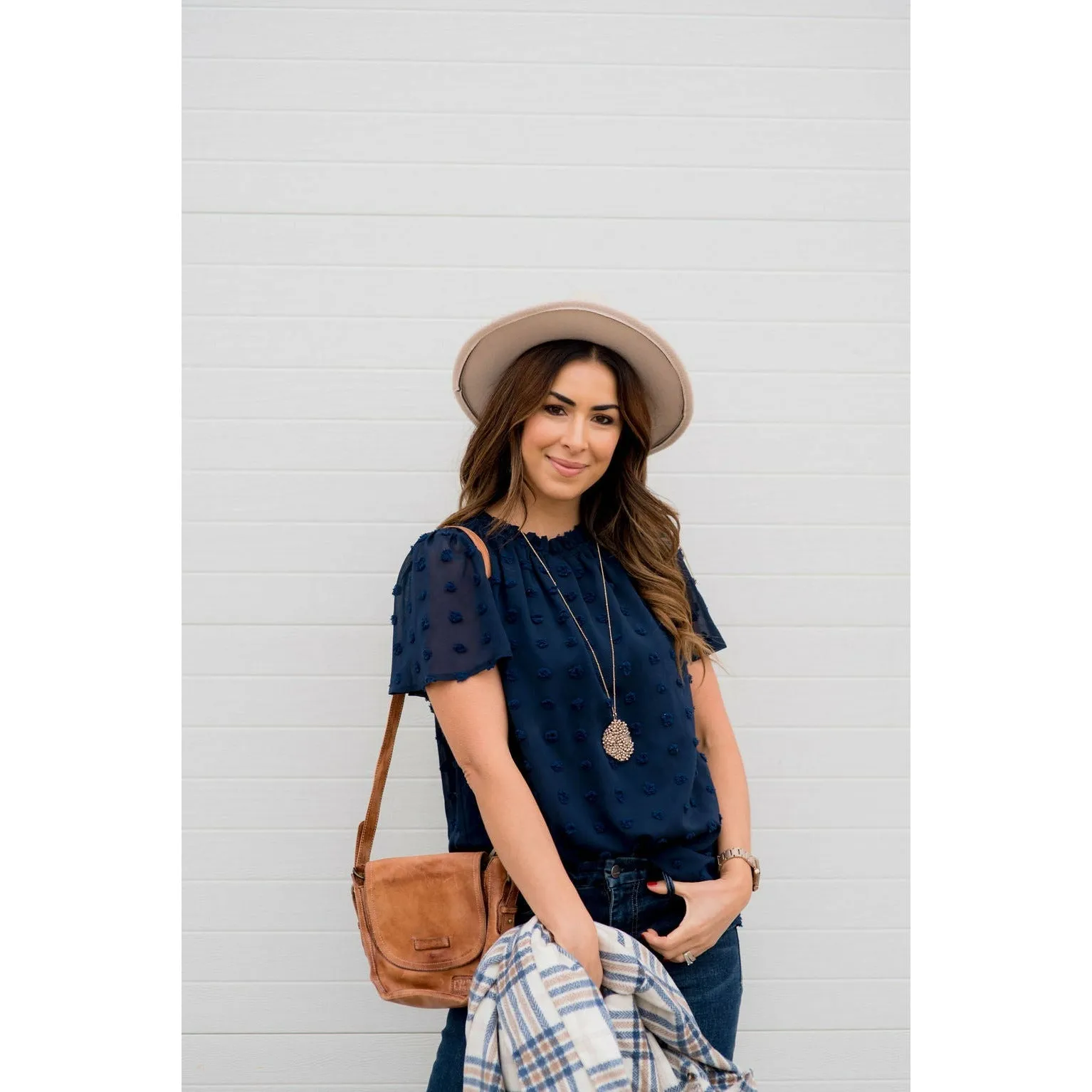Swiss Dot Cinched Neck Blouse