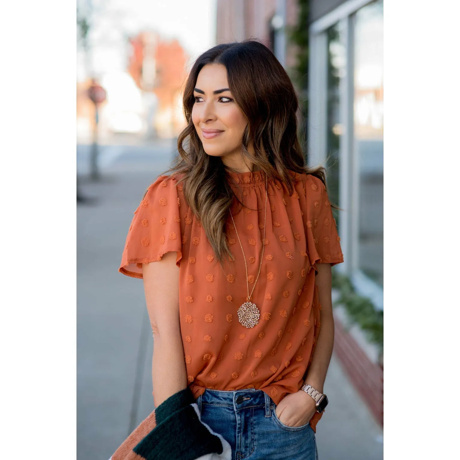 Swiss Dot Cinched Neck Blouse