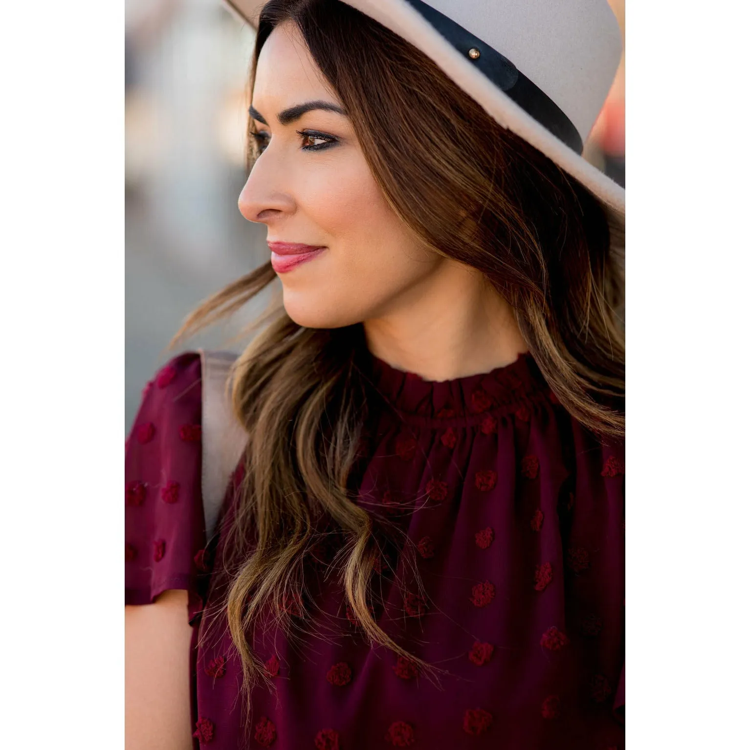 Swiss Dot Cinched Neck Blouse