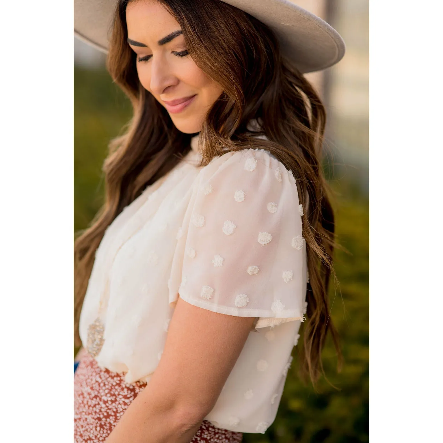 Swiss Dot Cinched Neck Blouse