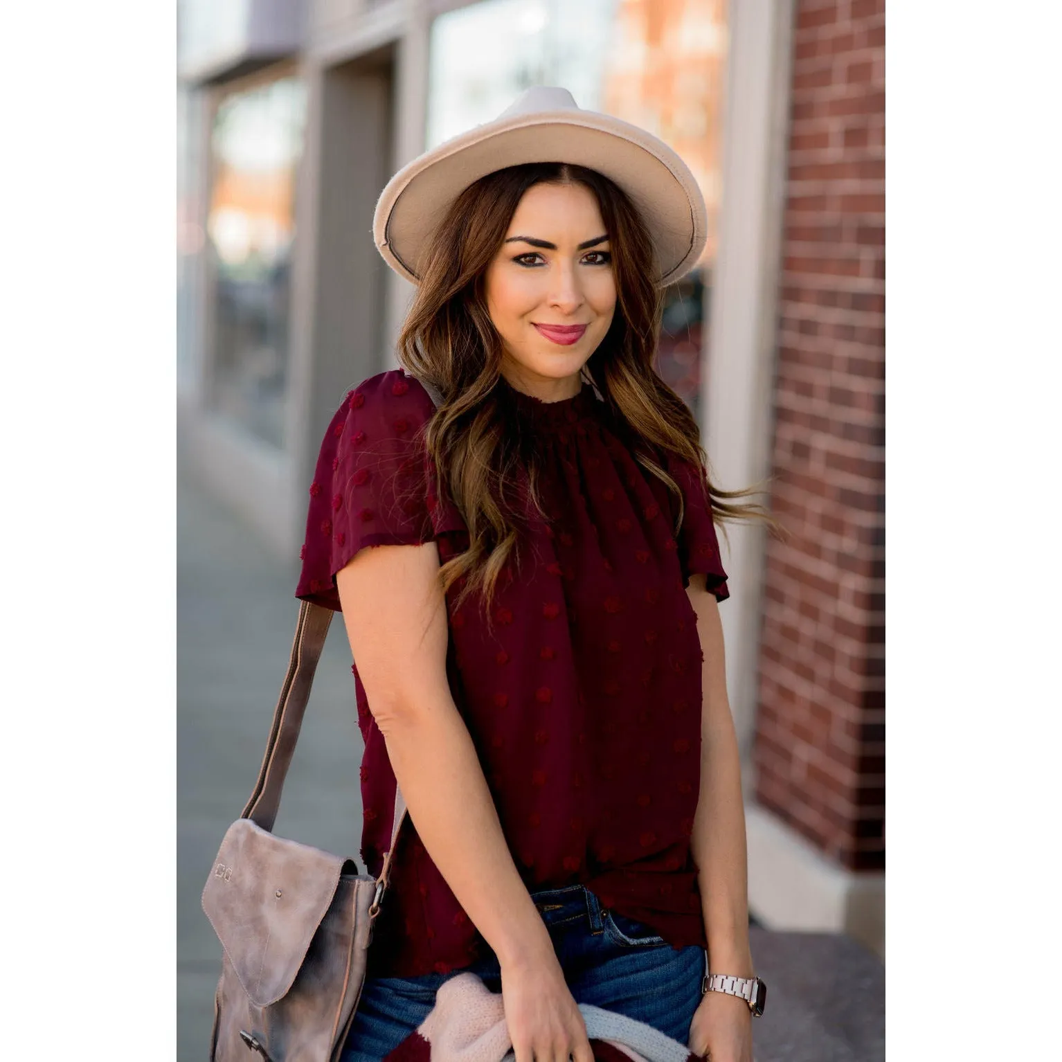 Swiss Dot Cinched Neck Blouse