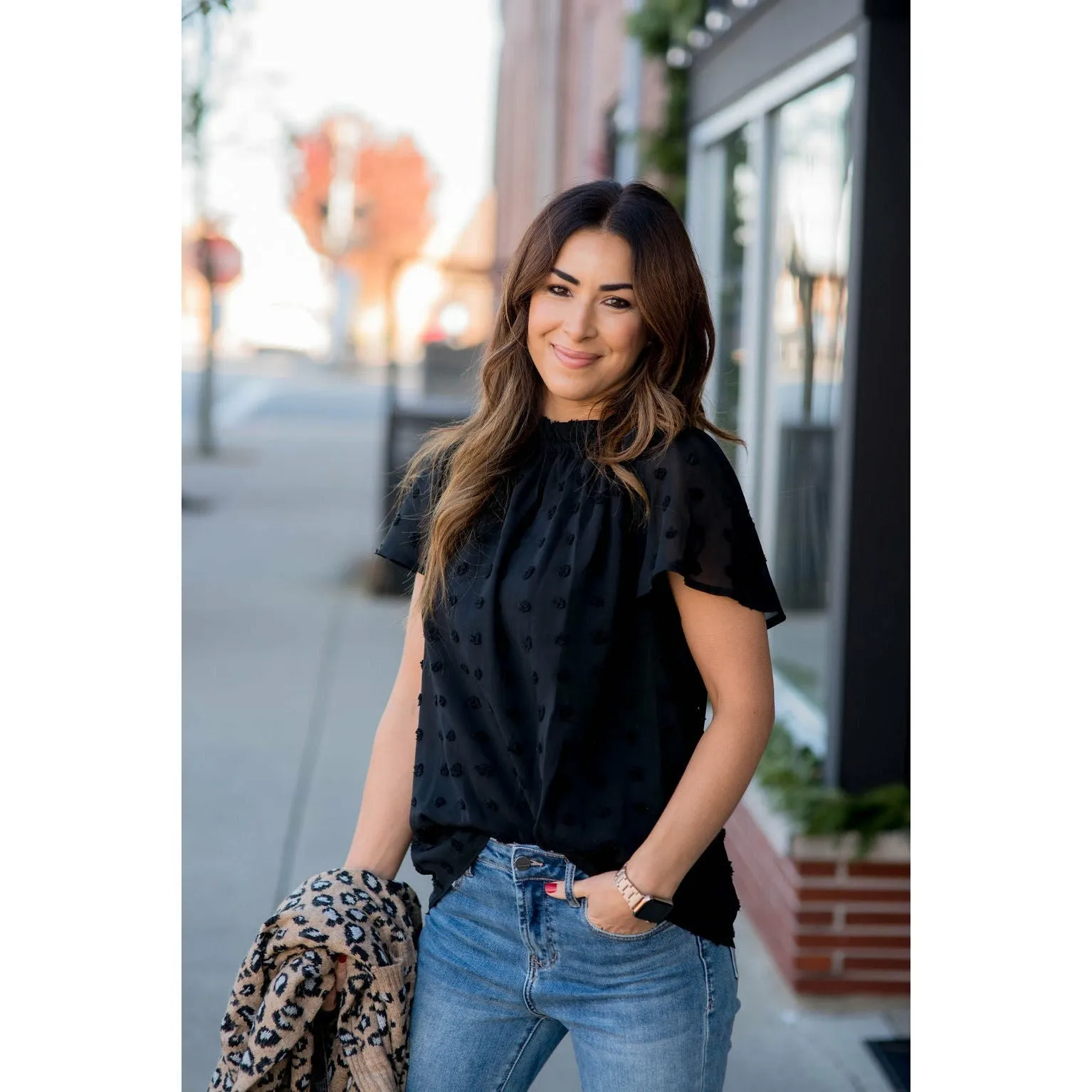 Swiss Dot Cinched Neck Blouse