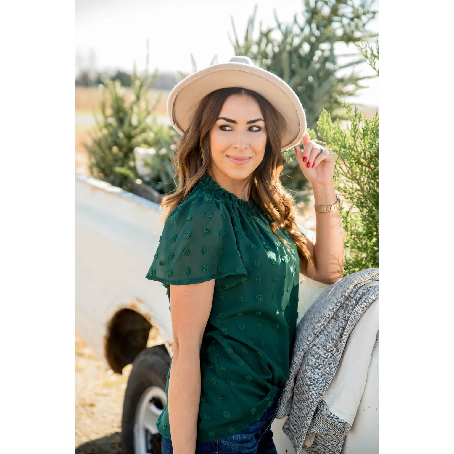 Swiss Dot Cinched Neck Blouse