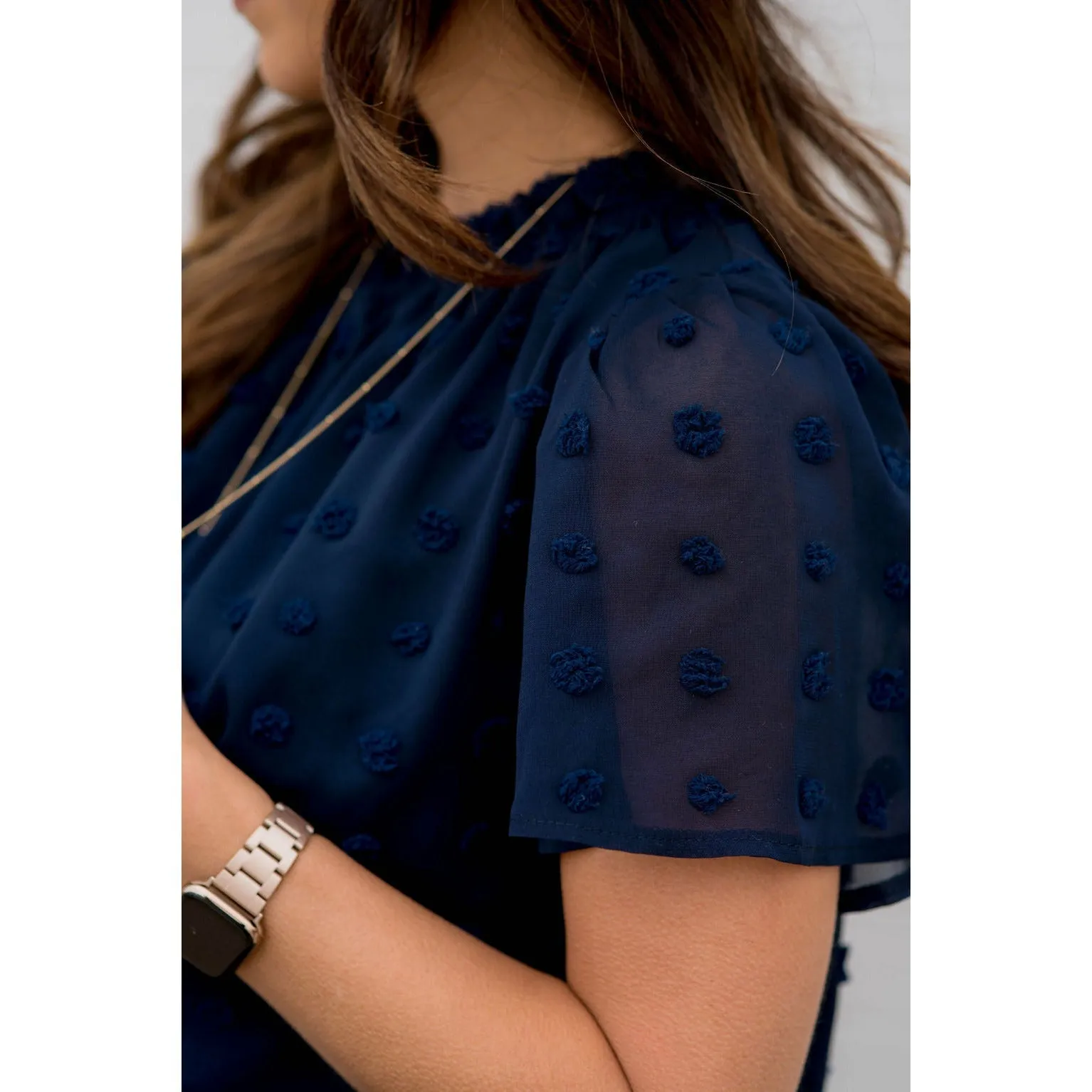 Swiss Dot Cinched Neck Blouse