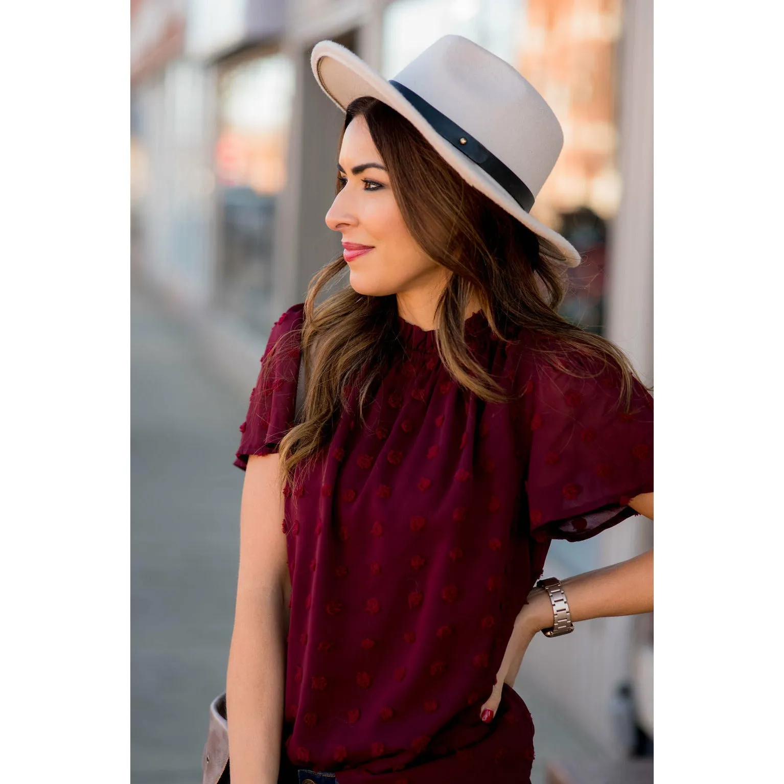 Swiss Dot Cinched Neck Blouse