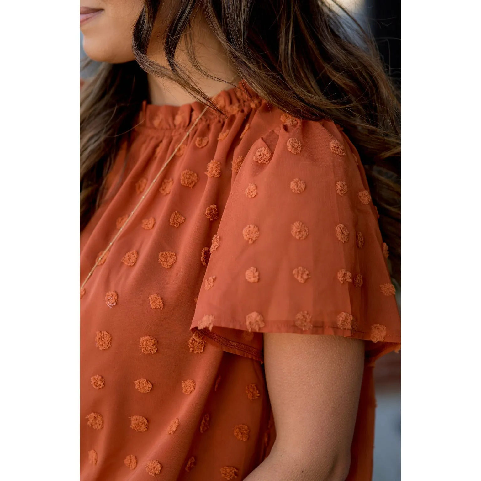 Swiss Dot Cinched Neck Blouse