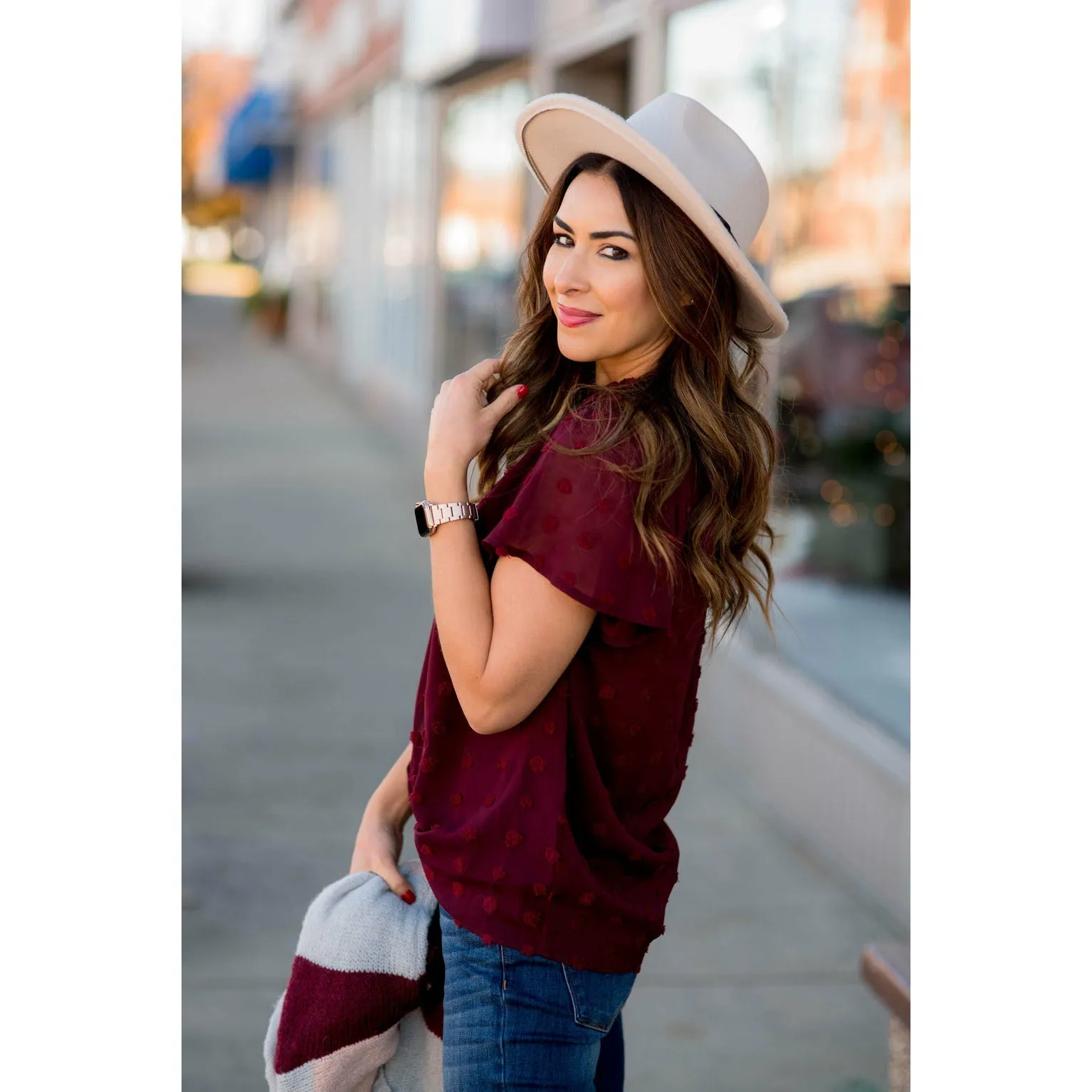 Swiss Dot Cinched Neck Blouse