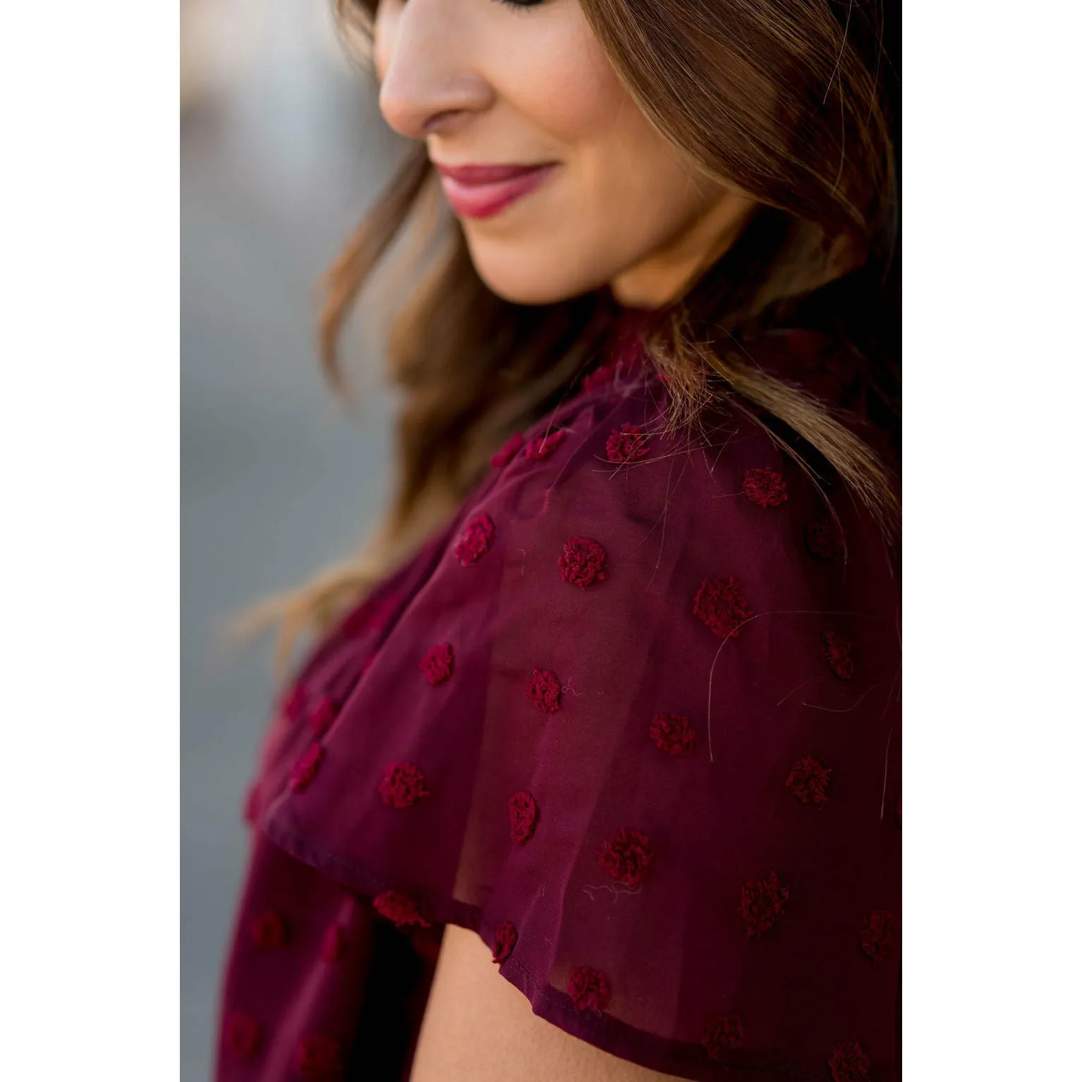 Swiss Dot Cinched Neck Blouse