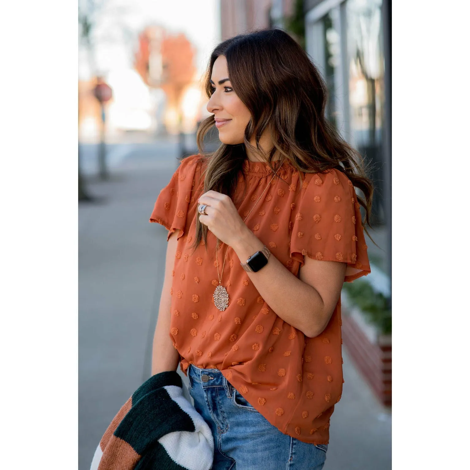 Swiss Dot Cinched Neck Blouse