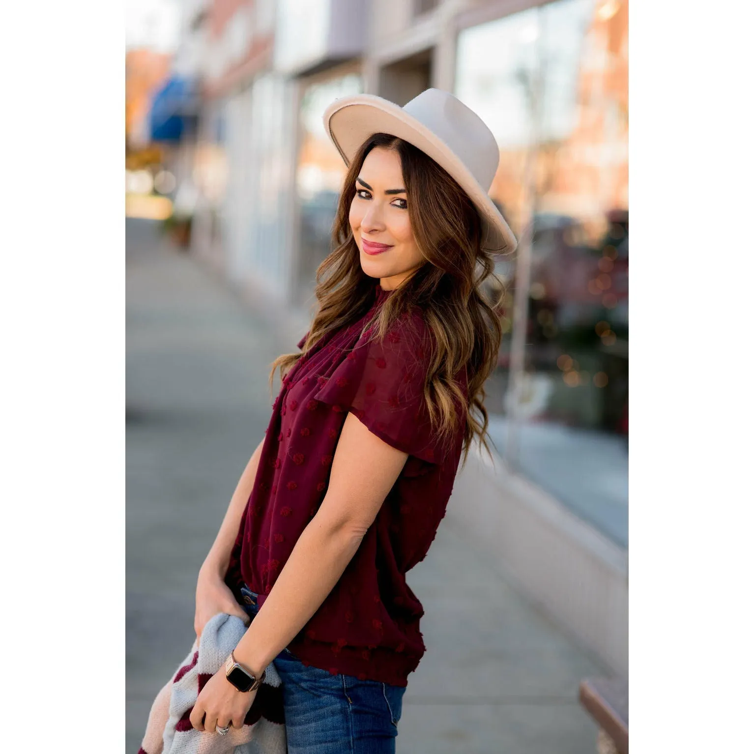 Swiss Dot Cinched Neck Blouse