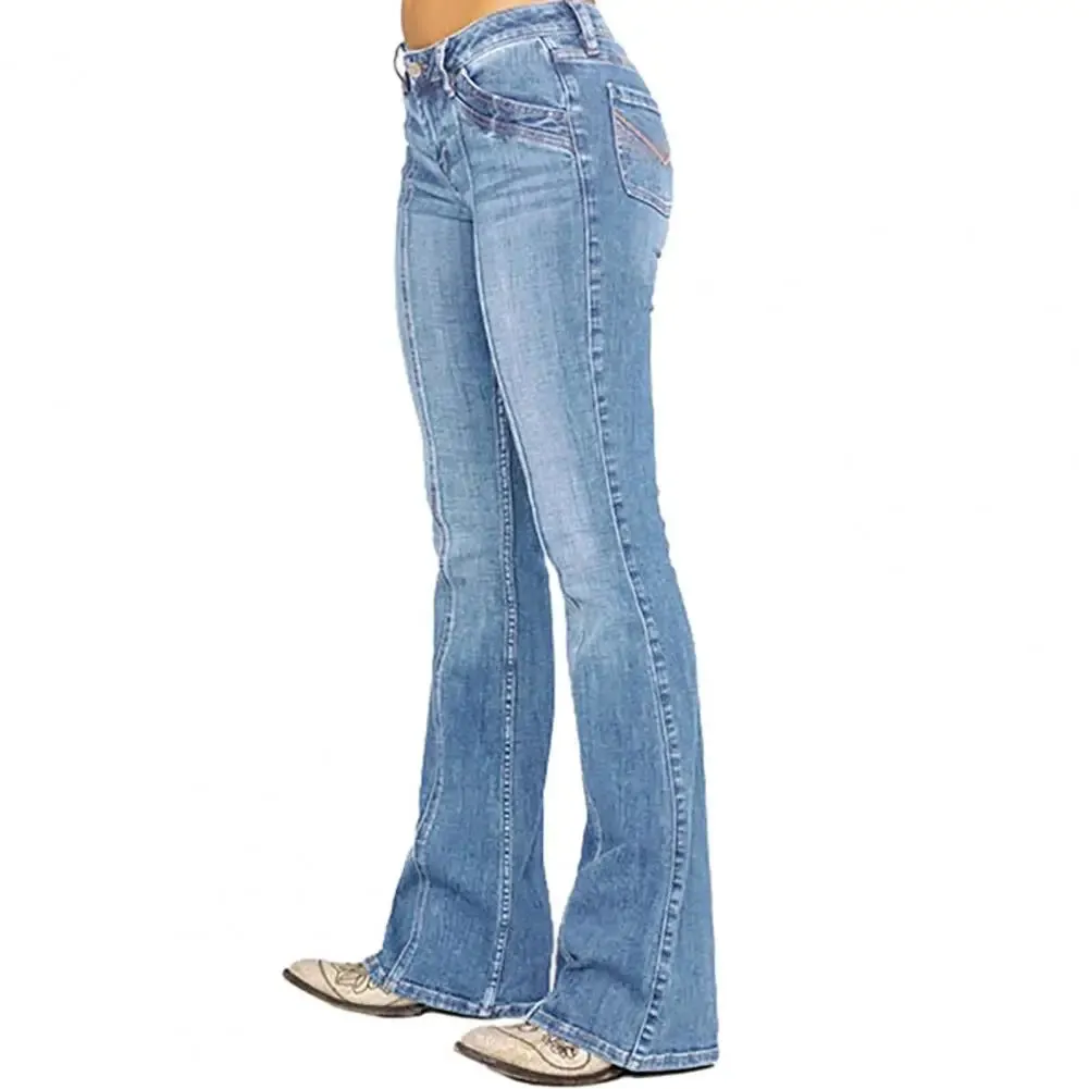 Women Cotton Blend Jeans Retro Washed Flared Hem Women's Jeans with Mid Waist Slim Fit Design for Full Length Trousers Solid