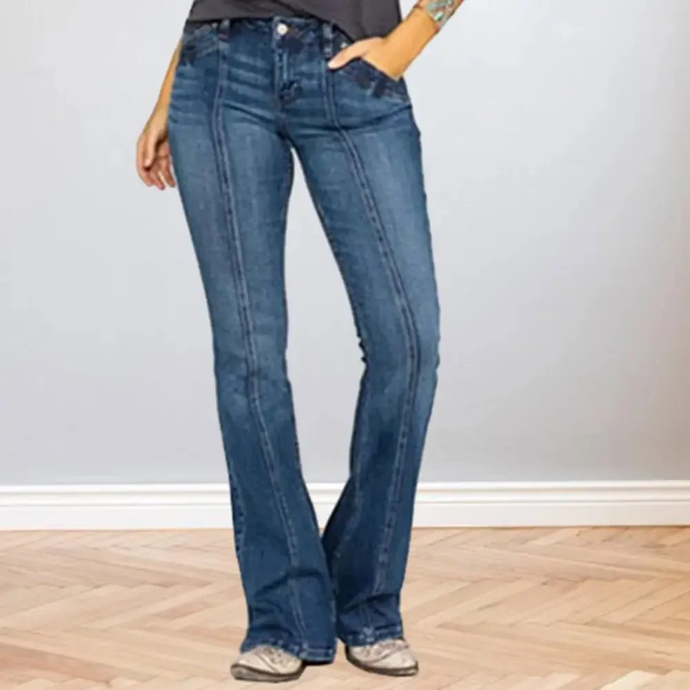 Women Cotton Blend Jeans Retro Washed Flared Hem Women's Jeans with Mid Waist Slim Fit Design for Full Length Trousers Solid