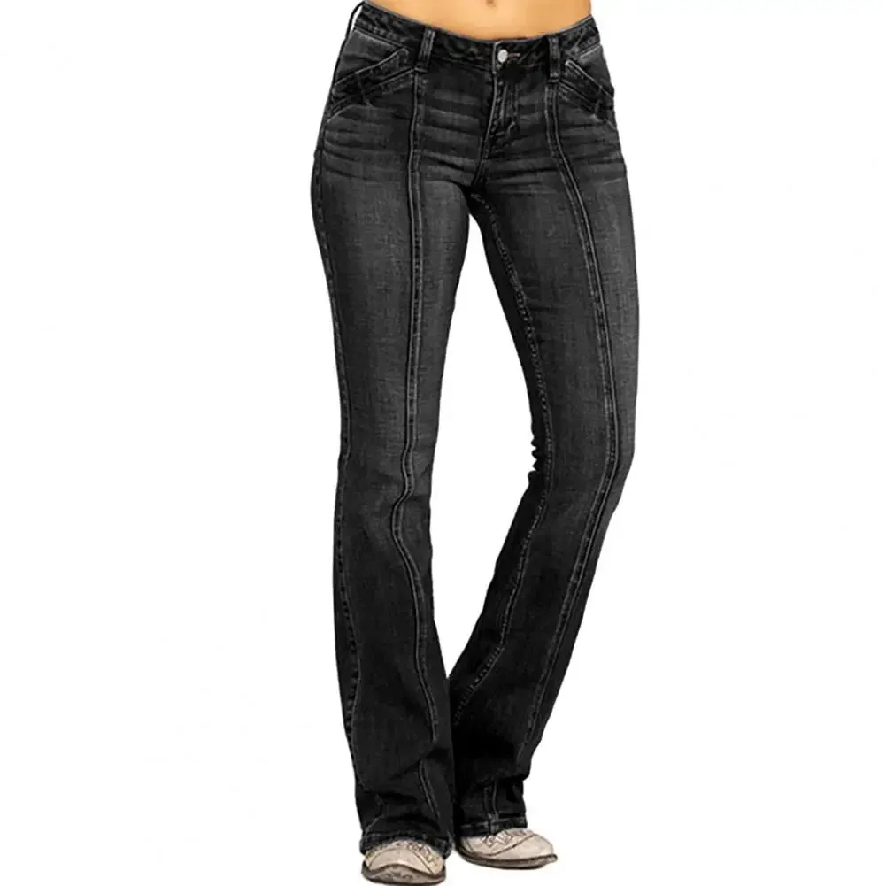 Women Cotton Blend Jeans Retro Washed Flared Hem Women's Jeans with Mid Waist Slim Fit Design for Full Length Trousers Solid